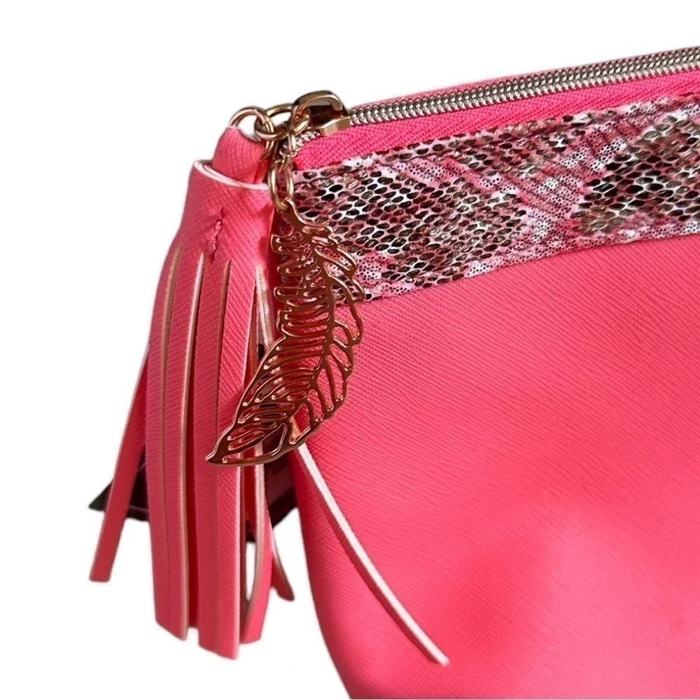 🌺 Ulta Hot Pink Rose Gold Feather Tassel Cosmetic Bag NWT